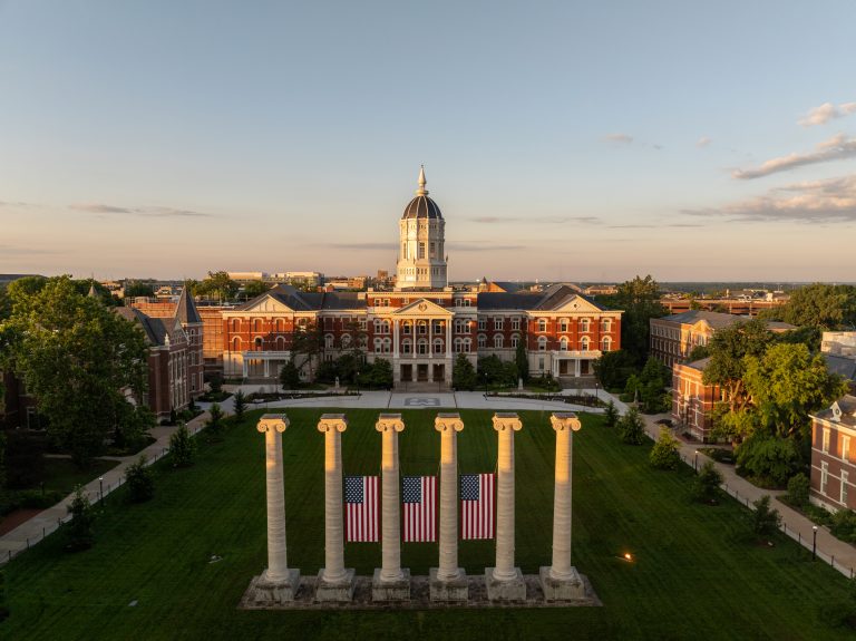 Jesse Hall dome, building and the columns and quad in the foreground