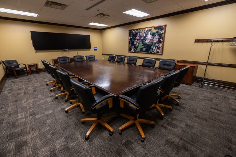 Conference room space with table and chairs in Jesse Hall