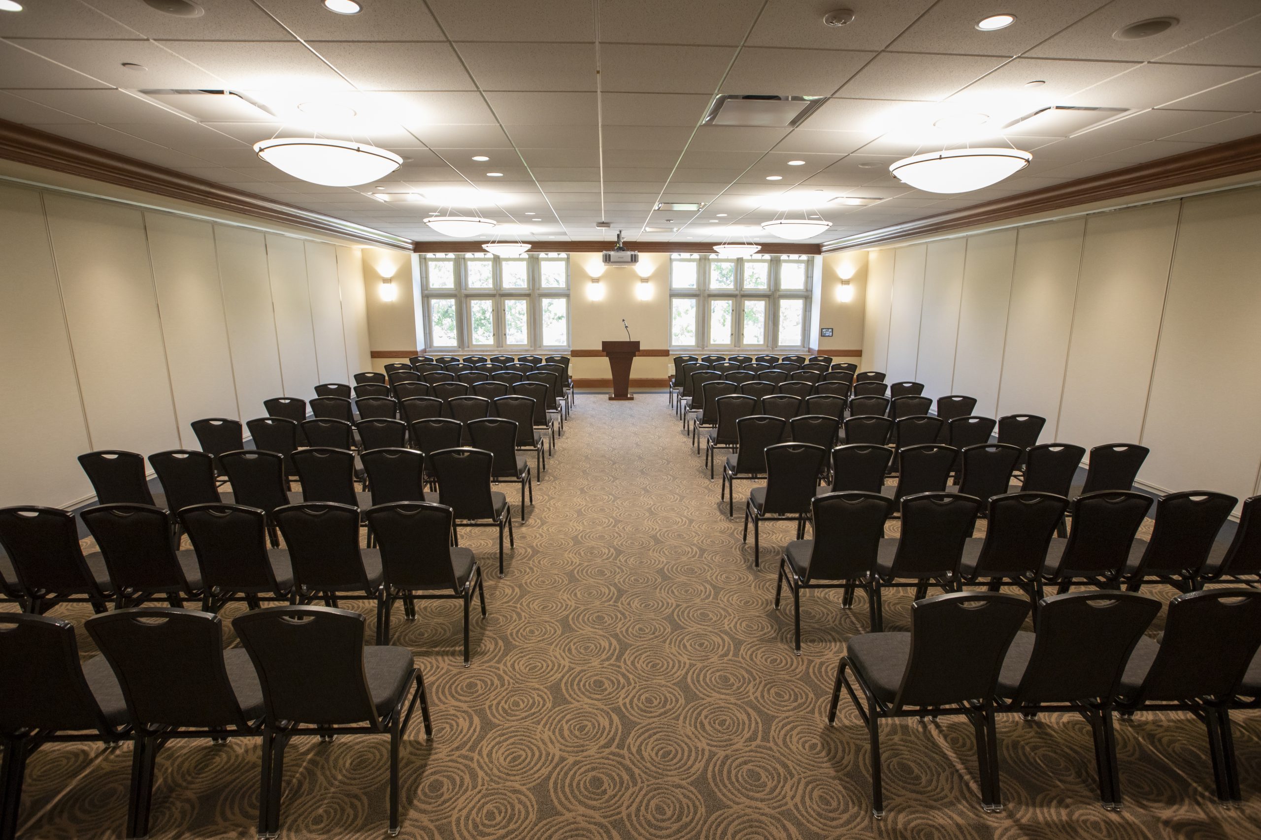 Room N201 in Memorial Union with chairs and a lectern set up