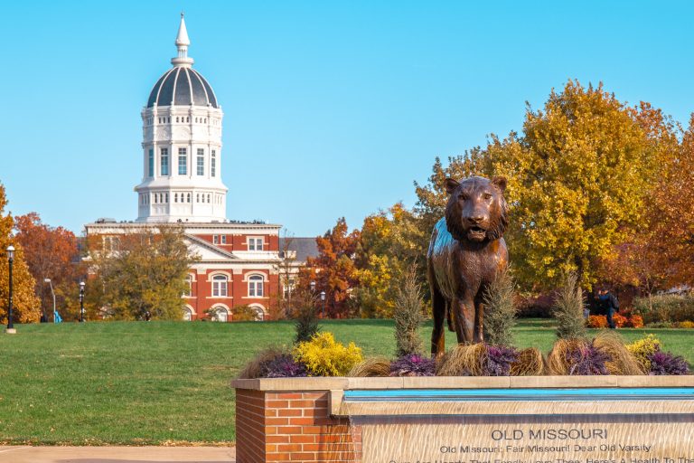 Carnahan Quad with Tiger in the foreground and Jesse Hall dome in the background