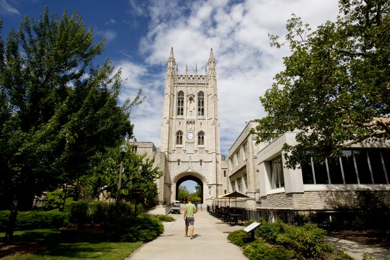 Memorial Student Union with student in the foreground