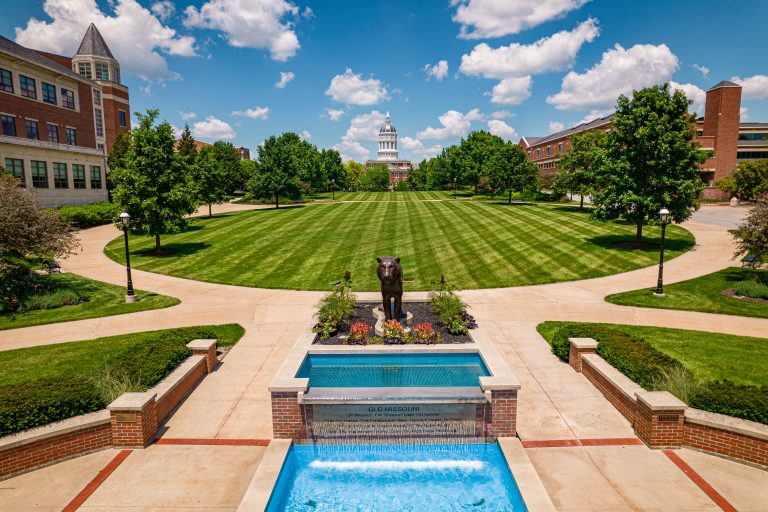 Carnahan Quad drone shot showing the fountain
