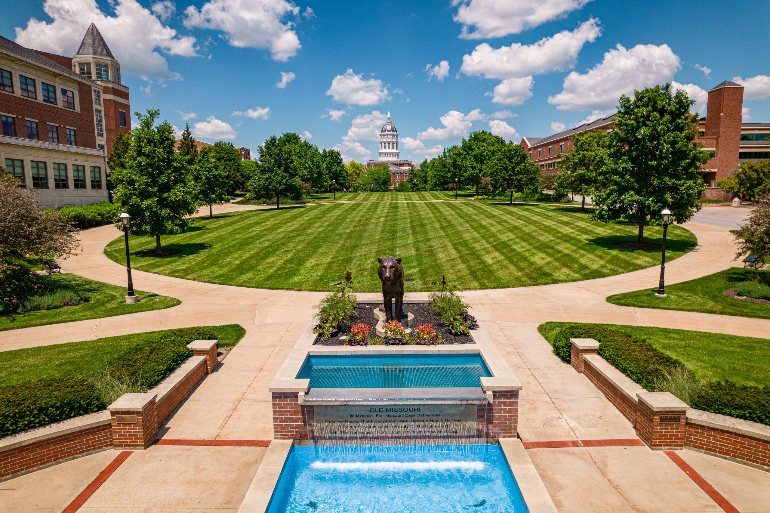 Carnahan Quad drone shot showing the fountain