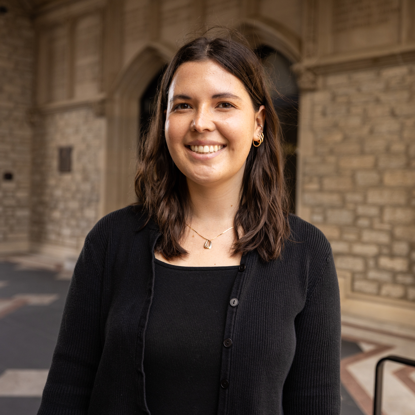 Lauren Northern outside of the Memorial Student Union Tower Entrance